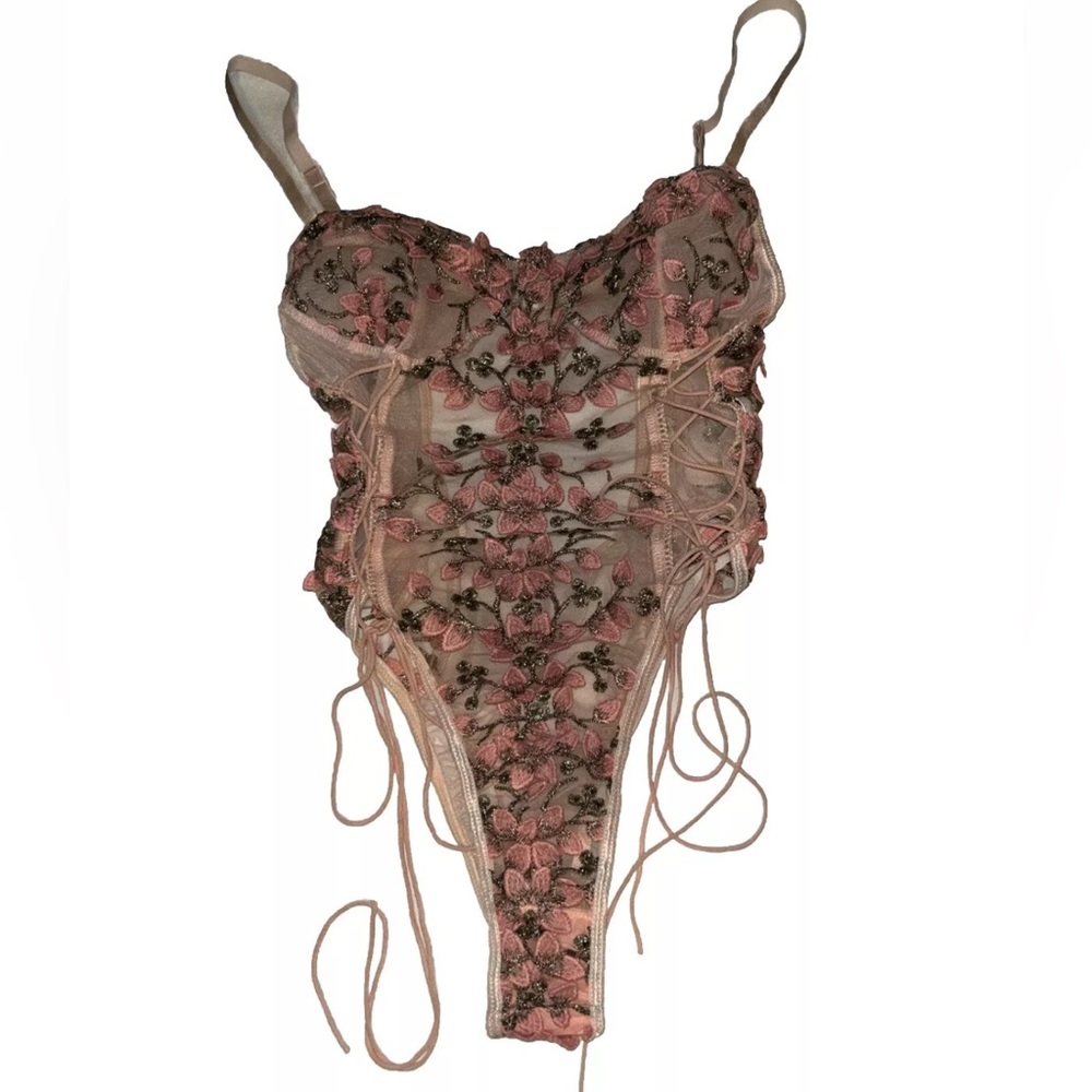 Womens Bodysuit S Lingerie Rose Gold Fairy Whimsy Romantic Floral Embellish
